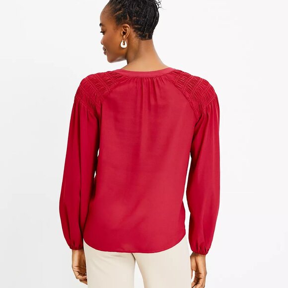 NWT LOFT Smocked Shoulder Tie Neck Women's Blouse 12/L Toasted Pink - Picture 2 of 7